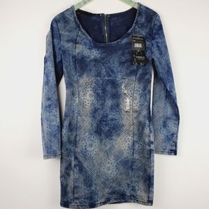 Vtg Thrill Denim Bodycon Mini Paisley Dress Sz L NWT